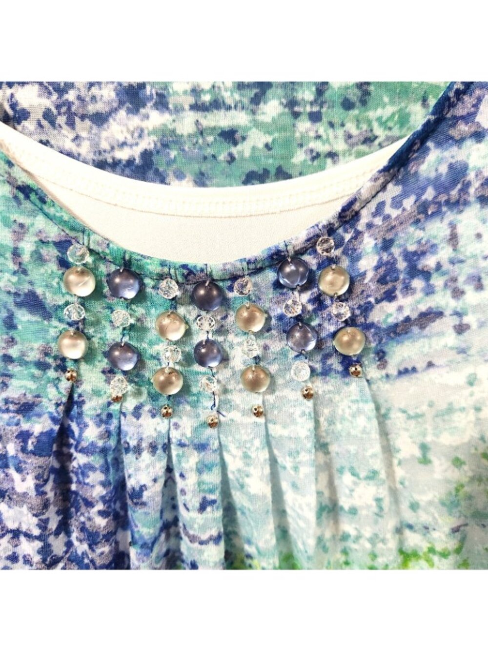 Hearts of Palm Embellished Watercolor Print Top Women's M Blue Green 3/4 Sleeve - Picture 2 of 13